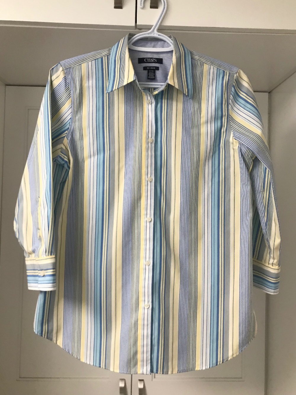 Chaps Women’s 💯 % Cotton Button Down 3/4 Sleeve Striped Non Iron US S